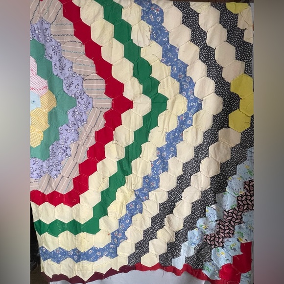 Vintage Antique Hexagon Unfinished Quilt Top Handmade Hand Sewn 72 x 93 - Picture 11 of 13